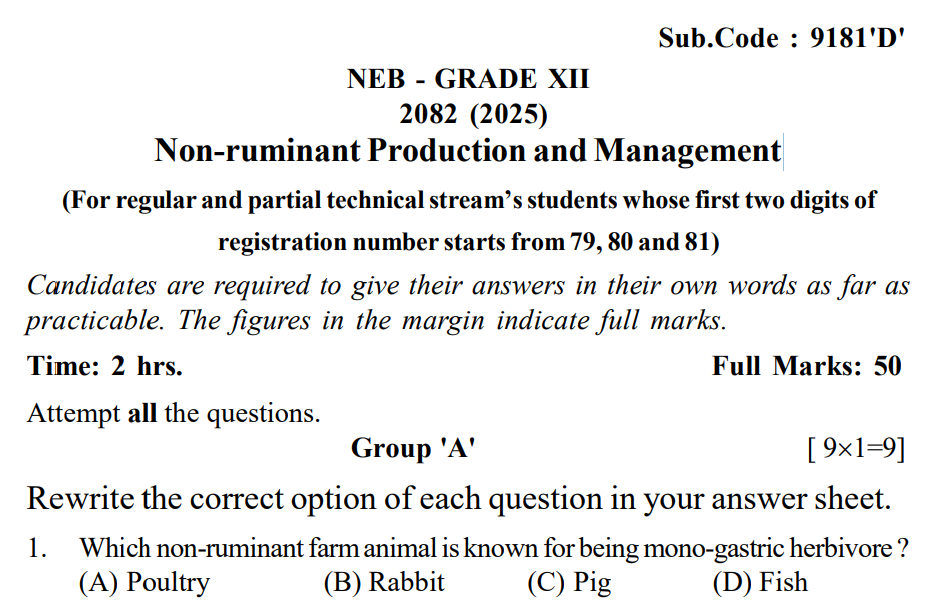 Class XII Question | Non-ruminant Production and Management (9181) | 2082 (2025) by NEB