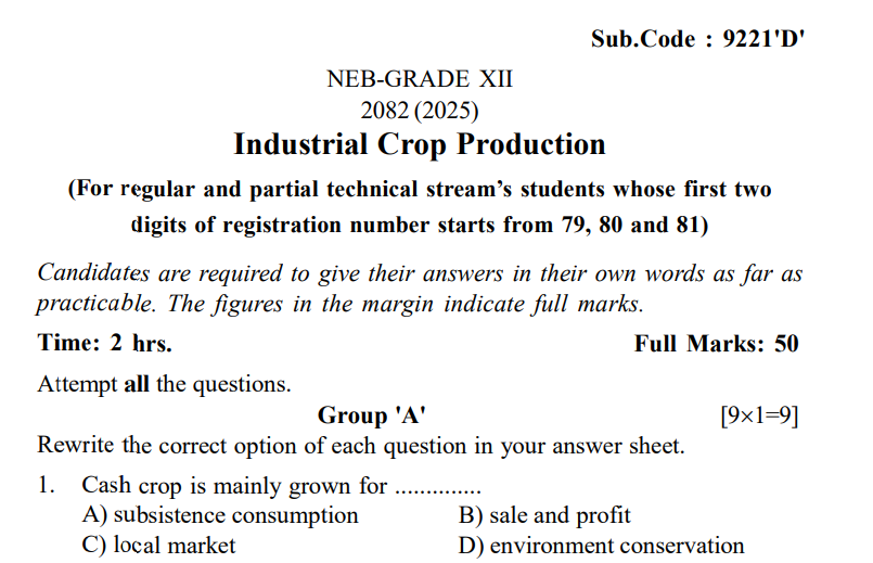 Class 12 Question | Industrial Crop Production (9221) | 2082 (2025) by NEB