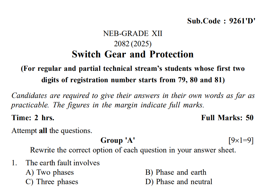Class 12 Question | Switch Gear and Protection (9261) | 2082 (2025) by NEB