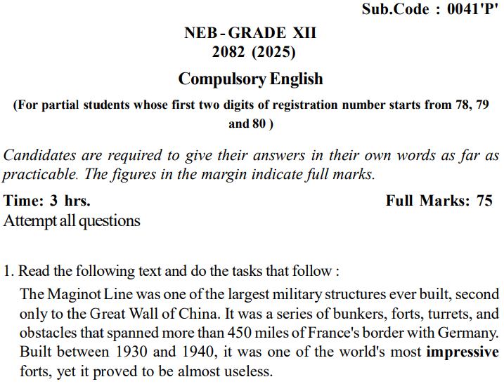 Class 12 Question | Compulsory English (Partial) (0041’P’) | 2082 (2025) by NEB